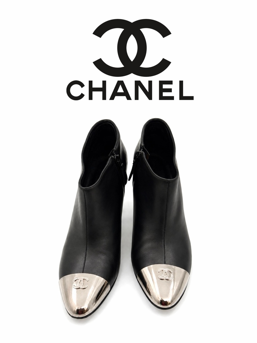 CHANEL Black Leather Ankle Boots with Silver Cap Toe Logo